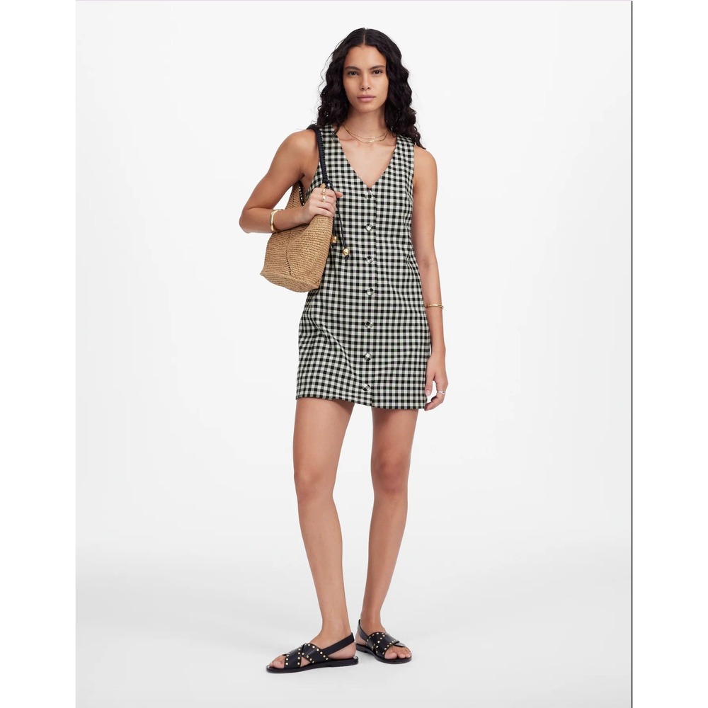 NWT Madewell V-Neck Mini Vest Dress in Gingham Black and White‎ Size 12